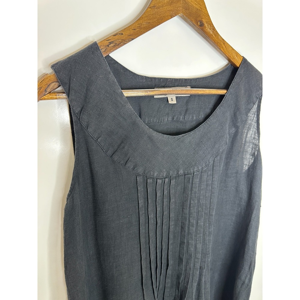 FLAX Faded Black 100% Linen Sleeveless Pleated Front Midi Shift Dress Size Small - Picture 3 of 10